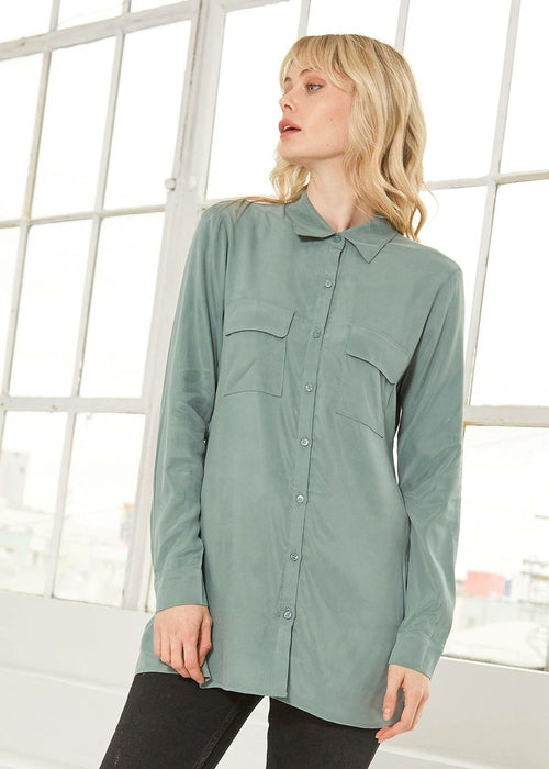 Women's Button Up Open Back Blouse In Sage